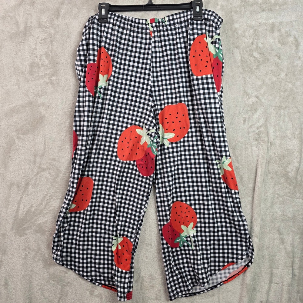 Cuddl Duds Strawberry Gingham Pajama Pants XL Black White Checkered Lounge Wide